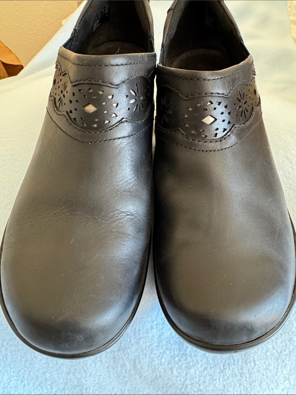 Clarks Black Leather Slip-On Mules with Laser-Cut Detail